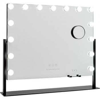 Espejo de Maquillaje Flamingueo con Luz LED, 15 Bombillas, 3 Modos de Iluminación, Posición Regulable y Cargador Inalámbrico - Negro