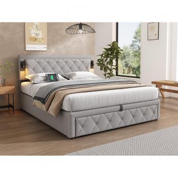 Cama contenedor de lino 160x200 cm - con luz de lectura y toma USB - con somier - gris