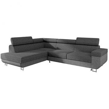 Sofá rinconero gris Comfivo 306 con función de descanso y caja de ropa de cama, 253x188x71cm
