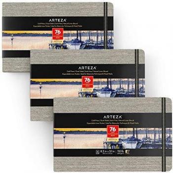 Arteza Libreta de acuarelas | 21 x 13 cm | Pack de 3 | 76 hojas| Papel prensado en frío | 230 gsm | Tapas de lino + cinta marcadora + correa elástica | Bloc de dibujo de acuarela y medios mixtos
