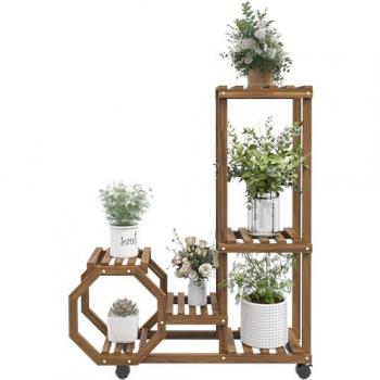 Outsunny Estantería para Plantas de 5 Niveles de Madera Carbonizada con Ruedas para Interiores y Exteriores, Dimensiones: 86x30x102 cm
