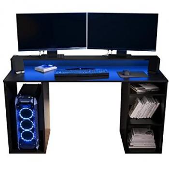 Escritorio gaming Hartford 323 con iluminación LED, color negro, dimensiones 138 x 78 x 48 cm, diseño ergonómico y material de madera