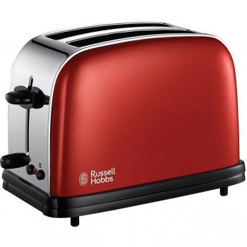 Russell Hobbs 18951-56 Colours Flame Red - Tostadora de acero inoxidable, 1100 W, soporte calienta panecillos, función cancelar y descongelar, color rojo