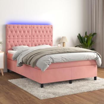 Cama box spring con colchón y LED en terciopelo rosa 140x200 cm