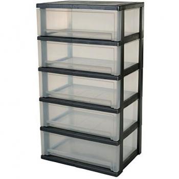 Iris Ohyama, torre de almacenamientode 5 cajones con ruedas - Smart Wide Chest - SWC-505, plástico, plata / transparente, 150 L, 54 x 39 x 88 cm