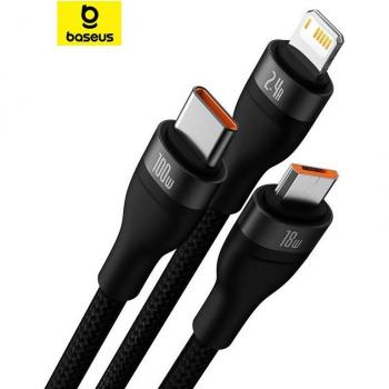 Cable Baseus Flash USB-A a USB-C, Micro USB y Lightning, carga rápida PD 100W, 1.2M, color azul