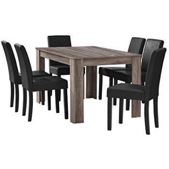 Conjunto de Mesa de Comedor Forssa 140x90 cm + 6 Sillas de Polipiel - Roble Antiguo y Negro