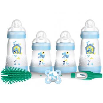 MAM Juego de alimentación para recién nacidos, incluye botellas anticólicos y cepillo para botella suave, color azul