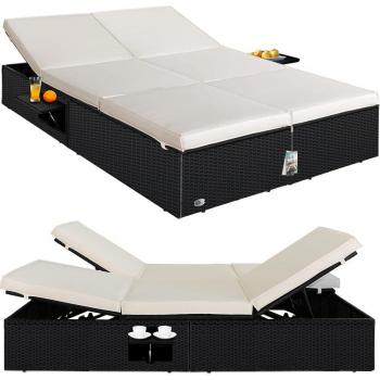 Tumbona Doble de Jardín en Polyrattan Negro/Crema 200x115cm, Resistente a la Intemperie, Ajustable en 7 Posiciones, con Mesas Plegables