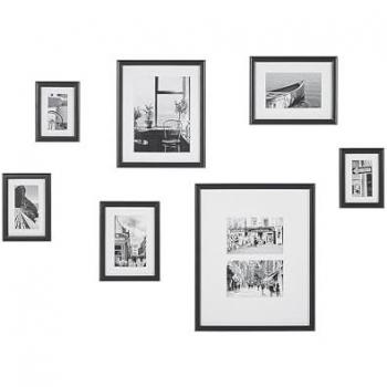 Set de 7 Marcos Modernos Negros de MDF con Paspartú y Ganchos para Decoración de Pared en Varios Tamaños