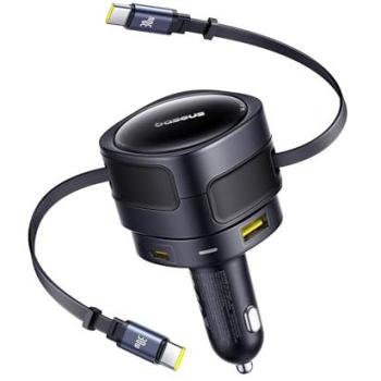 Cargador de Coche Baseus Enjoyment Max 90W con Puertos USB-C y USB-A, Cable Retráctil Doble, Carga Rápida para iPhone, Samsung y Xiaomi