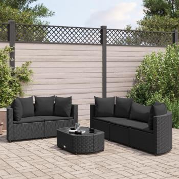 6-Piece Black Poly Rattan Garden Sofa Set with Cushions