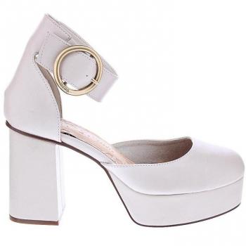 Mustang Sindy - Zapatos de salón para mujer con plataforma, pulsera al tobillo, cierre de hebilla, tacón bloque y puntera redonda en color beige