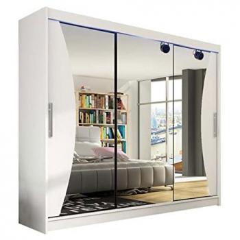 Armario Atlanta 120, Blanco, 215x250x58cm, Puertas Correderas con Iluminación LED RGB, 9 Estantes