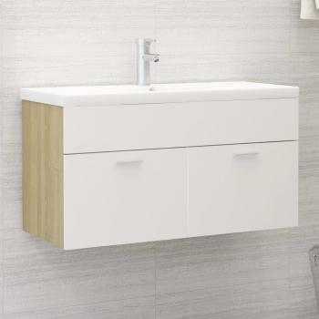 Gabinete de roble blanco integrado multicapa de madera Sonoma con lavabo de ingeniería en color blanco y acabado en roble Sonoma