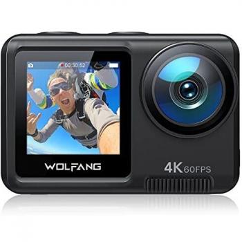 WOLFANG Cámara Deportiva Doble Pantalla 4K 60FPS 20MP GA420, 10M Cuerpo/40M Impermeable Cámara Subacuática, WiFi Webcam Videocámara, Micrófono Dual, Control Remoto, EIS, 2x1350mAh Baterías,Accesorios