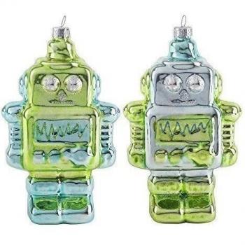 Par de metálico verde y cristal azul de Susannah Weiland Robot Diseño de bolas de árbol de Navidad