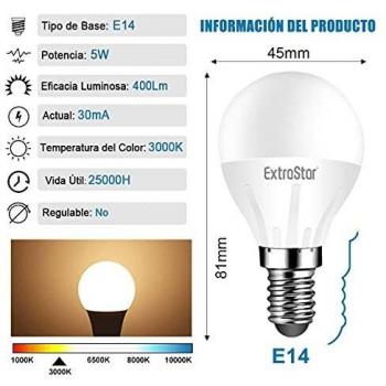 Bombilla LED E14, 5W Equivalente a 40W, Luz Cálida 3000K, 425 Lúmen, Bombillas Casquillo Fino, Ahorro de Energía, No regulable, Paquete de 10