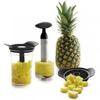 Lacor Cortador y Pelador de Piña con Bote, Cortapiñas 3 en 1, Incluye Recipiente de plástico Libre de BPA, Apto para el lavavajillas, Acero Inoxidable 18/10, Negro, Diámetro: 9 cm