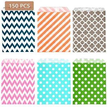 YOTINO 150 Bolsas de Papel parade Papel para Regalos Caramelos Bolsas de 4 Diferentes Patrones,Punto y Rayas diagonales,Olas Dulces, Chocolates, Galletas,