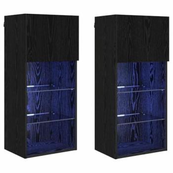 Conjunto de 2 muebles TV murales modernos 40,5 x 30 x 90 cm diseño minimalista con estantes e iluminación LED en madera de ingeniería negra