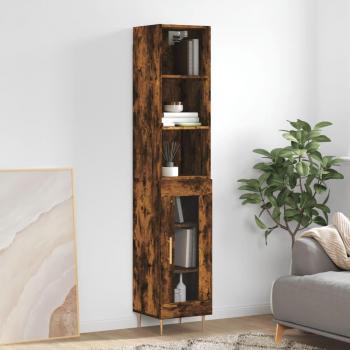 Aparador alto de madera contrachapada roble ahumado 34,5x34x180 cm con 1 puerta de cristal, mueble de almacenaje para salón, buffet y armario auxiliar