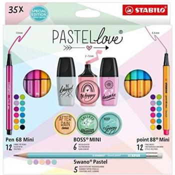 Stabilo Pastelove 35-Piece Assorted Writing Set with 12 Pen 68 Mini Premium Markers, 12 Point 88 Mini Fineliners, and 6 Neon Highlighters