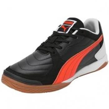 Zapatillas de fútbol sala Puma Pressing IV, color negro con detalles en llamas plateadas y grises, talla 43