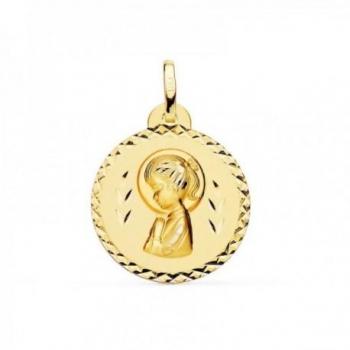 Medalla Virgen Niña en Oro 18k para Primera Comunión con Colgante de 20 mm y Detalles Tallados en el Borde