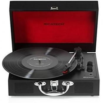 Ricatech RTT21 Tocadiscos, reproductor de discos portátil liviano con altavoces, tres velocidades, soporta salida RCA, Bluetooth, conector para auriculares, MP3, estilo maleta, color Negro