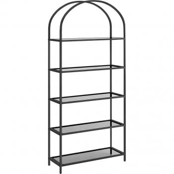 Estantería arqueada de 5 niveles con vidrio templado y marco de acero dorado, ideal para salón, dormitorio, estudio y baño
