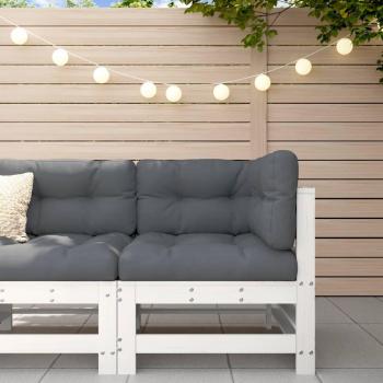 Sofá esquinero con cojines de madera maciza de pino natural, blanco y gris para terraza, muebles de jardín exterior, juego de muebles de salón exterior