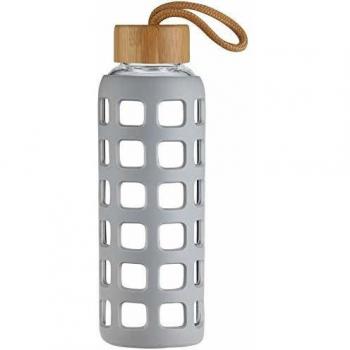 Cleesmil Botella de Agua de Cristal de Deporte con Funda de Silicona con Tapa de Bambú 1000 ml