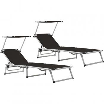 vidaXL Tumbonas plegables con toldo 2 uds aluminio y textilene negro