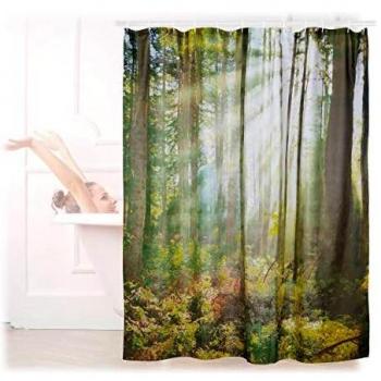Cortina de Baño Relaxdays Estampado Bosque Natural, Poliéster Lavable, Anti-Mohos, 180x180 cm, Verde