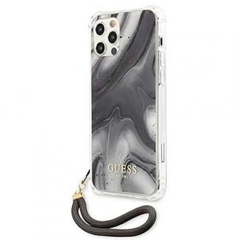 Funda Rígida Guess Gris Mármol con cadena de naylon para iPhone 12 Pro Max, Marble Collection, TPU, modelo GUHCP12LKSMAGR, compatible con Apple iPhone 12 Pro MAX (6.7 pulgadas