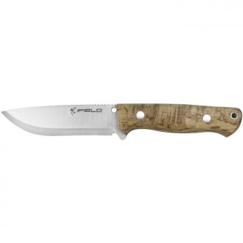 Cuchillo de Caza Deportivo iField EL29122 con Mango de Abedul Rizado y Hoja MOVA de 11,5 cm, incluye Funda de Piel Marrón - Herramienta para Camping, Pesca y