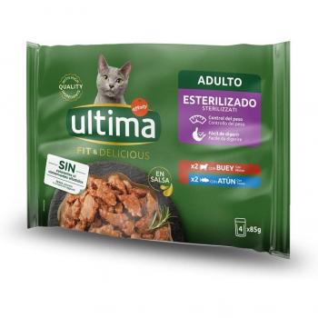 Ultima Comida Húmeda para Gatos Esterilizados Sabor Buey y Atún en Salsa Pack de 4 Sobres de 85g