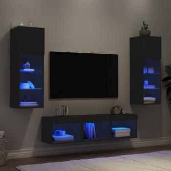 Muebles de TV de pared con LED 5 piezas en madera ingeniería y color negro