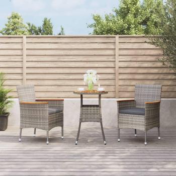 3-Piece Grey Poly Rattan Garden Bistro Set with Cushions