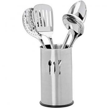Juego de Utensilios de Cocina de Acero Inoxidable Relaxdays, 5 Piezas con Soporte, Accesorios Plateados