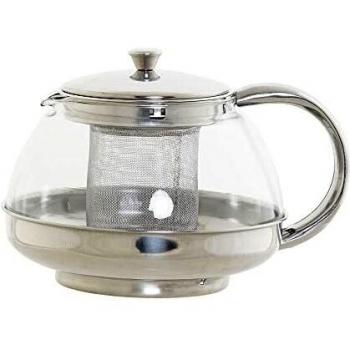 Tetera de diseño elegante con cuerpo de cristal y acabado en acero inoxidable