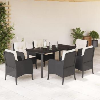 7-Piece Black Poly Rattan Garden Dining Set with Cushions