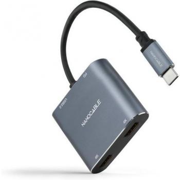 Nanocable Conversor USB-C a 2xHDMI/USB-A 2.0/USB-C PD, 15 cm, Gris