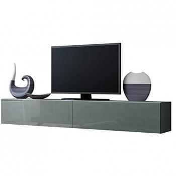 Mesa de TV Charlotte A122, 180x30x40cm, Gris Brillante, con 2 Puertas y Apertura sin Asas