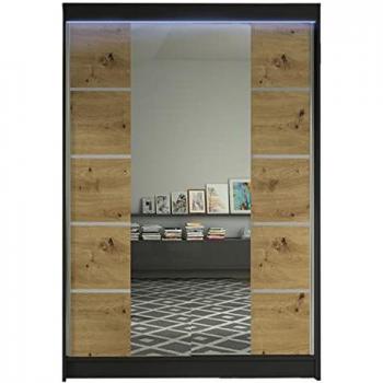 Armario Corredero Atlanta 151, Negro y Roble Artisan, 200x120x58cm, con Espejo y LED, 5 Estantes