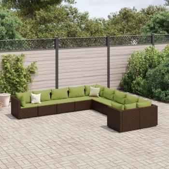 10-Piece Brown Poly Rattan Garden Sofa Set with Cushions
