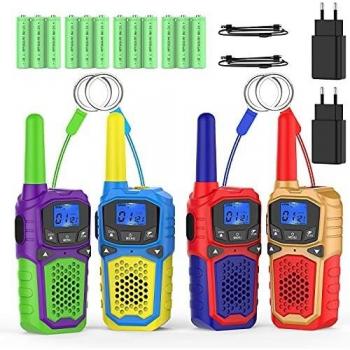 Walkie Talkie Niños Recargable con 2 Cargadores USB 12 Bateria Recargable Walky Talky 4 Piezas 8 Canales 3KM Largo Alcance Función de VOX LCD Juguetes de Camping Senderismo