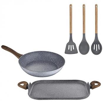 Juego de sartén y asador grill de aluminio forjado San Ignacio con set de 3 utensilios de cocina