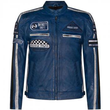Infinity Leather Men's Blue Racing Biker Jacket with Badges - Size Large